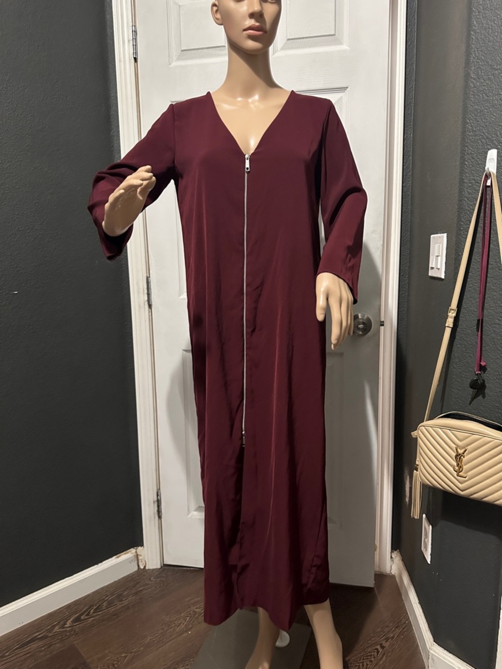 Zara Long Zip-Front Maxi Dress in Burgundy